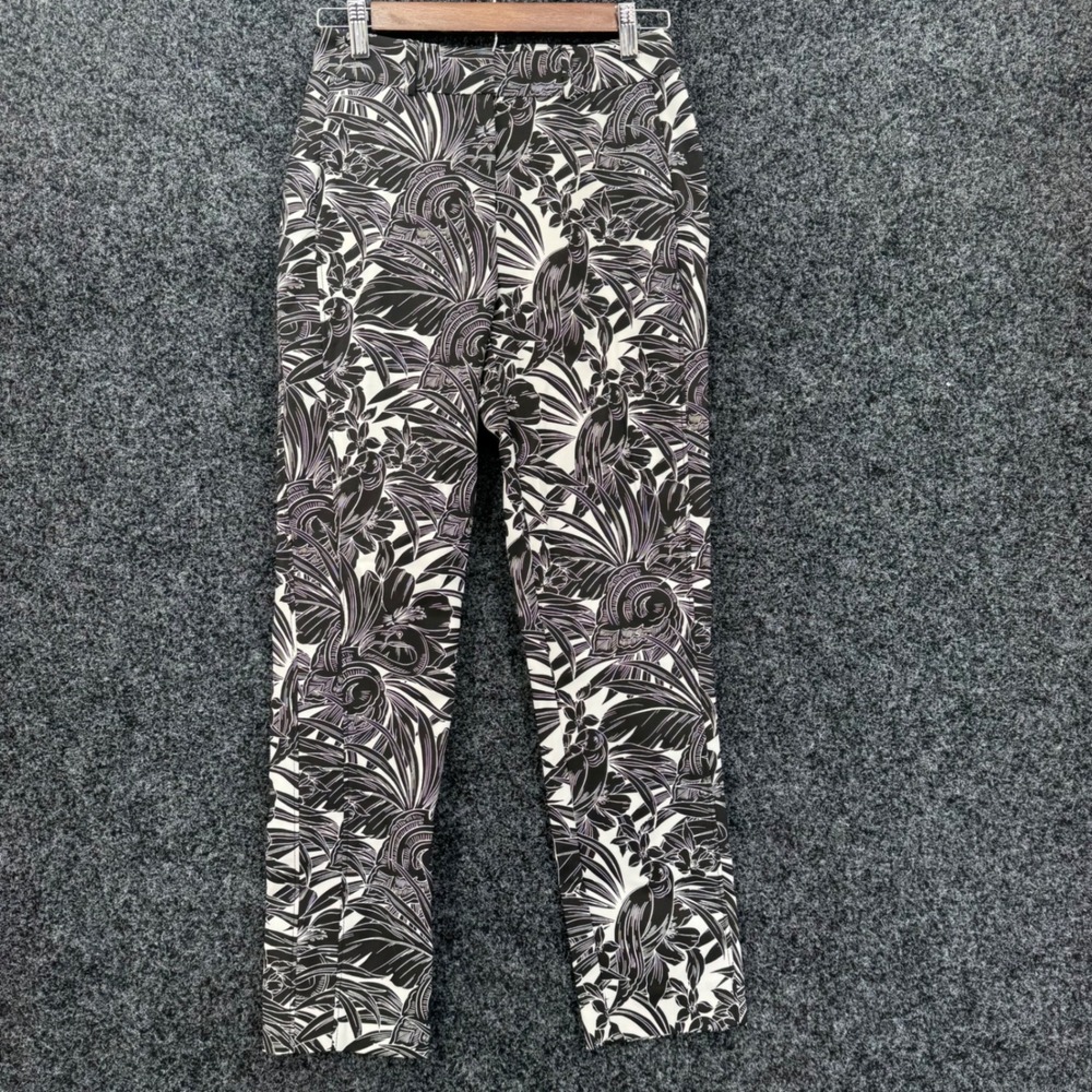 White House Black Market Slim Ankle Pants 0 Tropical Bird Floral Ecru Black NEW